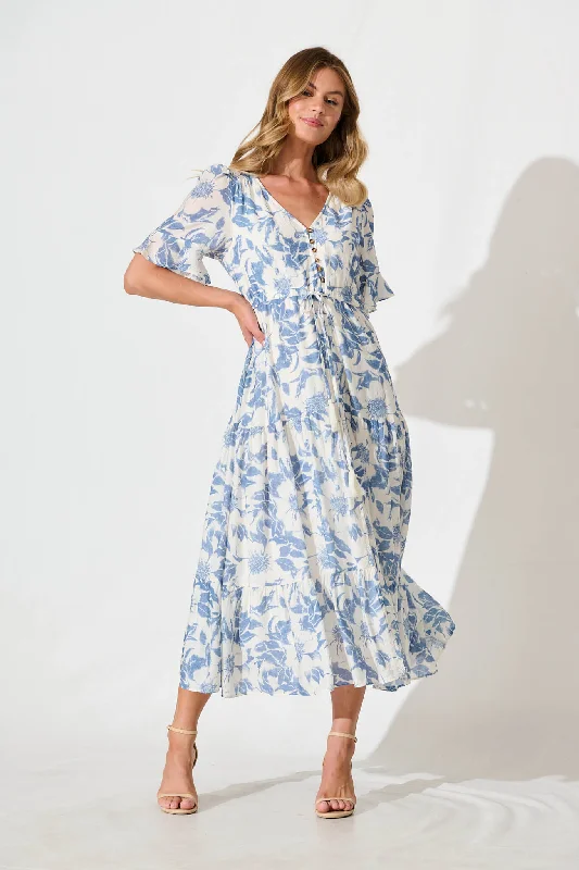 Chavira Maxi Dress in White with Blue Flower Elegant Silk Maxi Dress