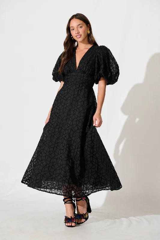 Countess Maxi Dress In Black Embroidered Organza Cozy Longline Maxi Dress