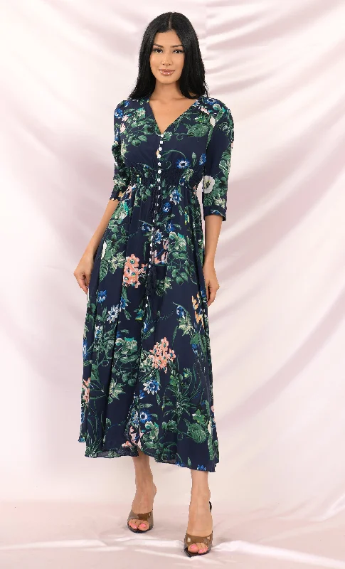 Daytime Drama Floral Pattern 3/4 Sleeve V Neck Button Smocked Casual A Line Maxi Dress Cozy Wrap Maxi Dress