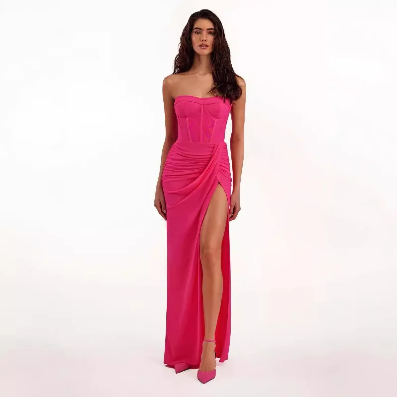 Draped Bustier Maxi Dress with Thigh-High Split Comfortable Bohemian Maxi Dress