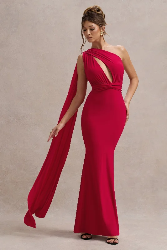 Elaina | Red Asymmetric Knot Maxi Dress With Sash Fashionable High-Waist Maxi Dress