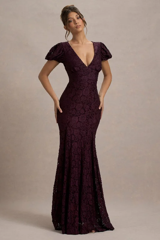 Elestria | Port Lace V-Neck Puff-Sleeve Maxi Dress Fashionable Sheer Maxi Dress