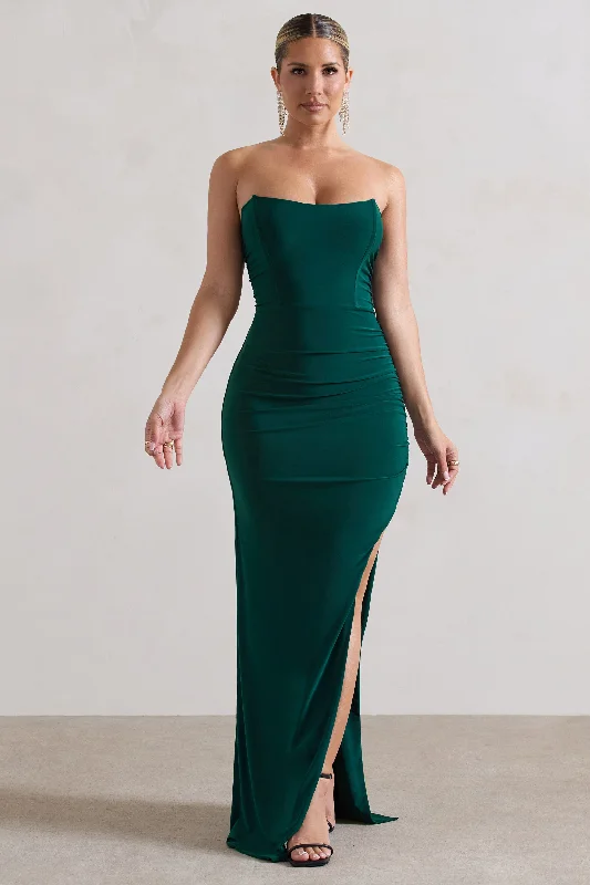 Eletta | Bottle Green Ruched Bandeau Asymmetric Maxi Dress Trendy Satin Maxi Dress