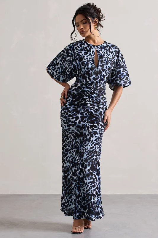 Elidy | Animal Print Ruched Flutter-Sleeve Cut-Out Maxi Dress Fashionable Maxi Dress with Fringe