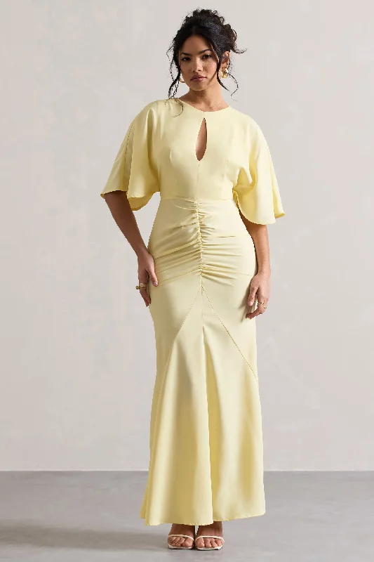 Elidy | Pastel Yellow Ruched Flutter-Sleeve Cut-Out Maxi Dress Cozy Knit Maxi Dress