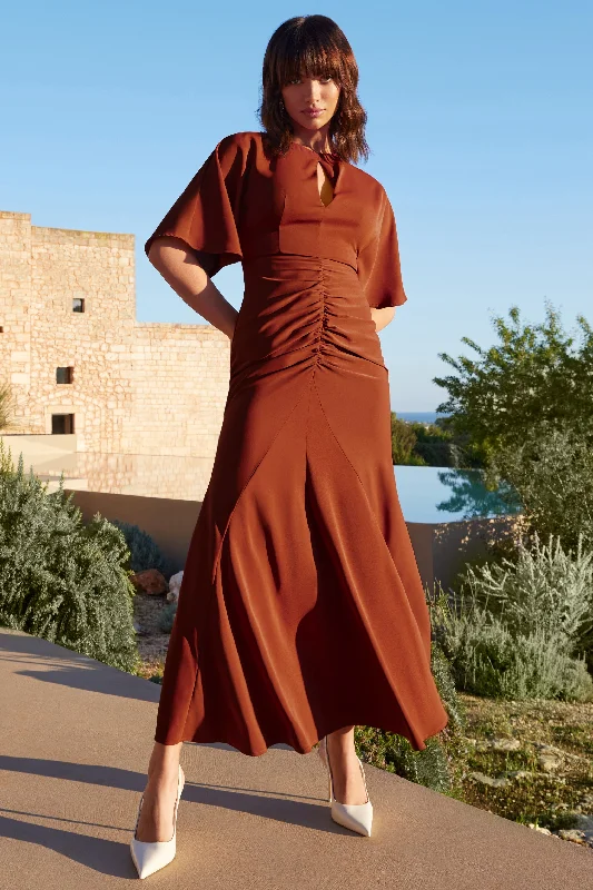 Elidy | Terracotta Ruched Flutter-Sleeve Cut-Out Maxi Dress Fashionable Open-Back Maxi Dress Elidy | Terracotta Ruched Flutter-Sleeve Cut-Out Maxi Dress Fashionable Open-Back Maxi Dress