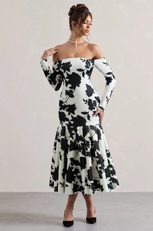 Elite | Cream Floral Print Bardot Maxi Dress With Volume Hem Comfortable T-Shirt Maxi Dress Elite | Cream Floral Print Bardot Maxi Dress With Volume Hem Comfortable T-Shirt Maxi Dress