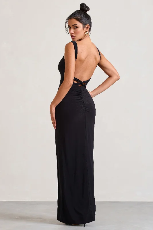 Elle | Black Square-Neck Open-Back Split Maxi Dress Fashionable Sheer Maxi Dress