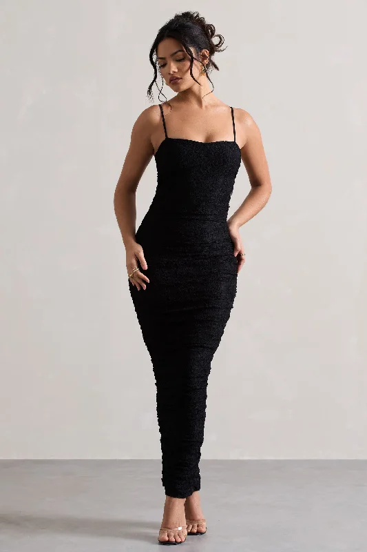 Ellis | Black Lace Strappy Bodycon Maxi Dress Fashionable Chiffon Maxi Dress