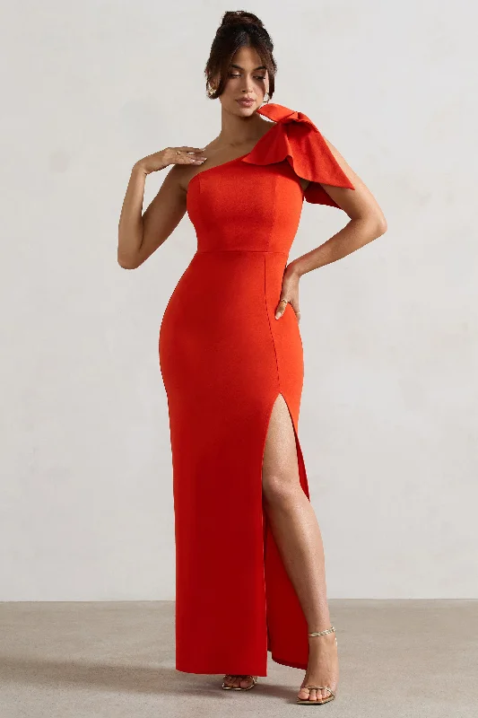 Elowen | Orange Asymmetric Maxi Dress With Bow Stylish V-Neck Maxi Dress