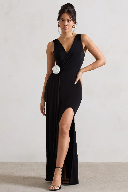 Endora | Black Split Maxi Dress With Corsage & Drape Elegant Lace-Up Maxi Dress