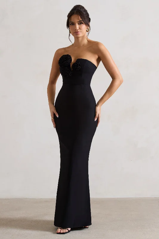Enticed | Black Strapless V-Neck Maxi Dress With Flowers Fashionable Maxi Dress with Fringe