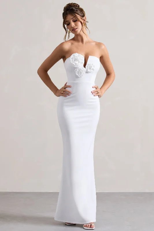 Enticed | White Strapless V-Neck Maxi Dress With Flowers Chic Summer Maxi Dress