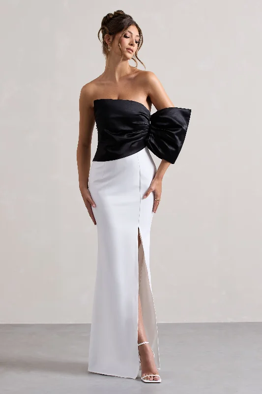 Envision | Black & White Asymmetric One-Sleeve Split Maxi Dress Stylish A-Line Maxi Dress