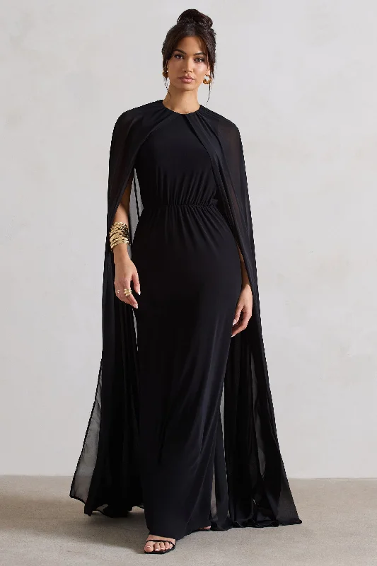 Envy | Black Gathered Maxi Dress With Chiffon Cape Stylish Longline Maxi Dress