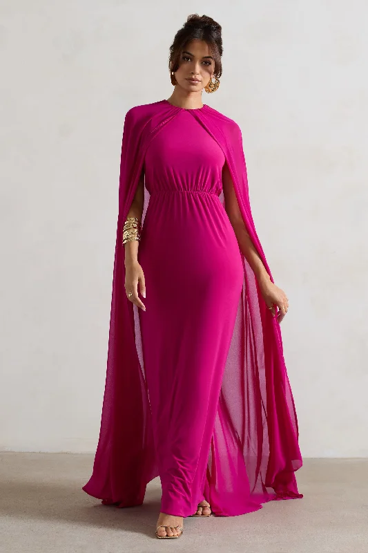 Envy | Dark Pink High-Neck Maxi Dress With Chiffon Cape Elegant Pleated Maxi Dress