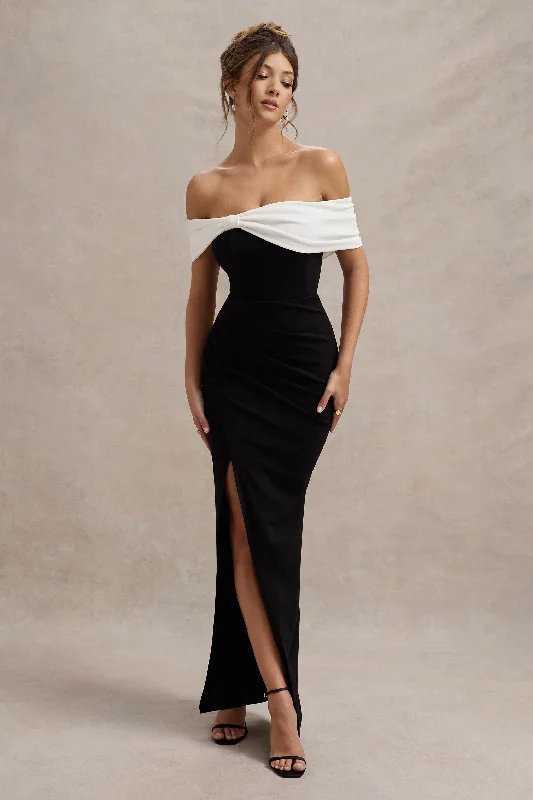 Eva | Black & White Bardot Bow Detail Maxi Dress With Thigh Split Stylish A-Line Maxi Dress