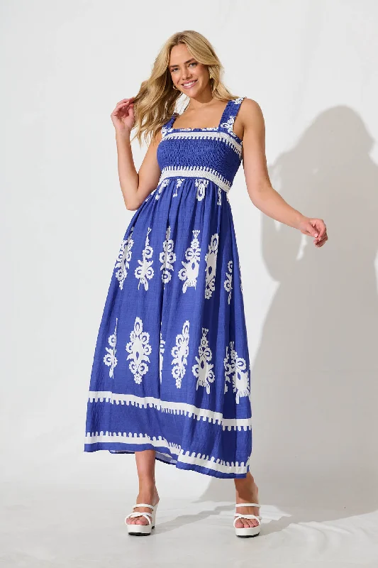 Evanston Maxi Dress In Blue With White Print Casual Maxi Dress with Pockets