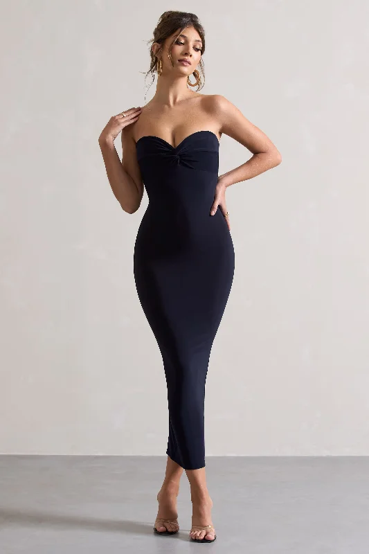 Evita | Navy Sweetheart Twist Detail Maxi Dress Stylish Pleated A-Line Maxi Dress