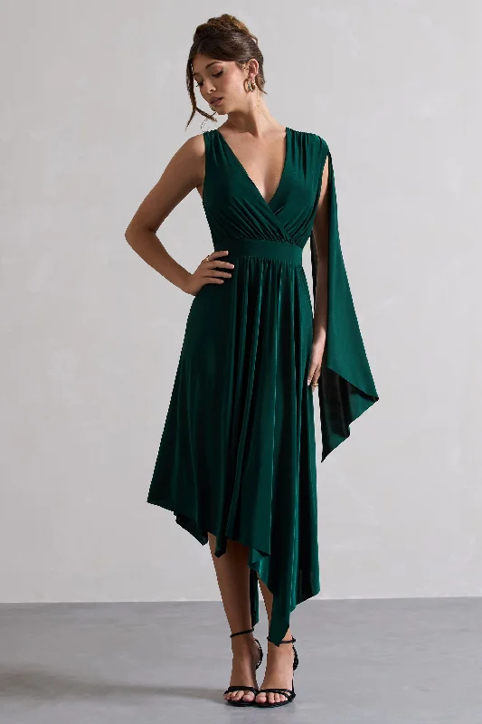 Fable | Bottle Green Plunge-Neck Maxi Dress With Cape Sleeve Trendy Button Front Maxi Dress Fable | Bottle Green Plunge-Neck Maxi Dress With Cape Sleeve Trendy Button Front Maxi Dress