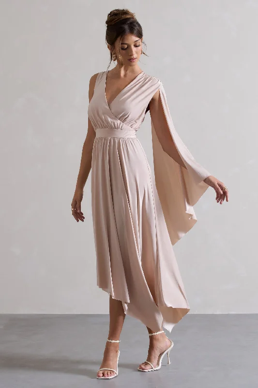 Fable | Champagne Plunge-Neck Maxi Dress With Cape Sleeve Stylish Long Sleeve Maxi Dress Fable | Champagne Plunge-Neck Maxi Dress With Cape Sleeve Stylish Long Sleeve Maxi Dress