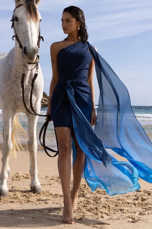 Faded | Blue Ombre One Shoulder Wrap Maxi Dress With Drape Trendy Ruffled Maxi Dress Faded | Blue Ombre One Shoulder Wrap Maxi Dress With Drape Trendy Ruffled Maxi Dress