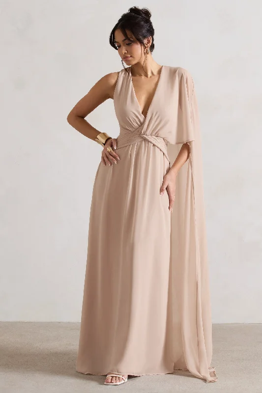 Fairytale | Champagne Plunge-Neck Chiffon Maxi Dress With Cape Sleeve Elegant Silk Maxi Dress Fairytale | Champagne Plunge-Neck Chiffon Maxi Dress With Cape Sleeve Elegant Silk Maxi Dress
