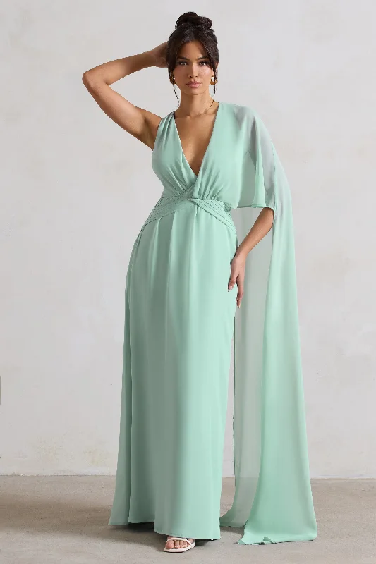 Fairytale | Sage Plunge-Neck Chiffon Maxi Dress With Cape Sleeve Comfortable Long-Sleeve Maxi Dress Fairytale | Sage Plunge-Neck Chiffon Maxi Dress With Cape Sleeve Comfortable Long-Sleeve Maxi Dress
