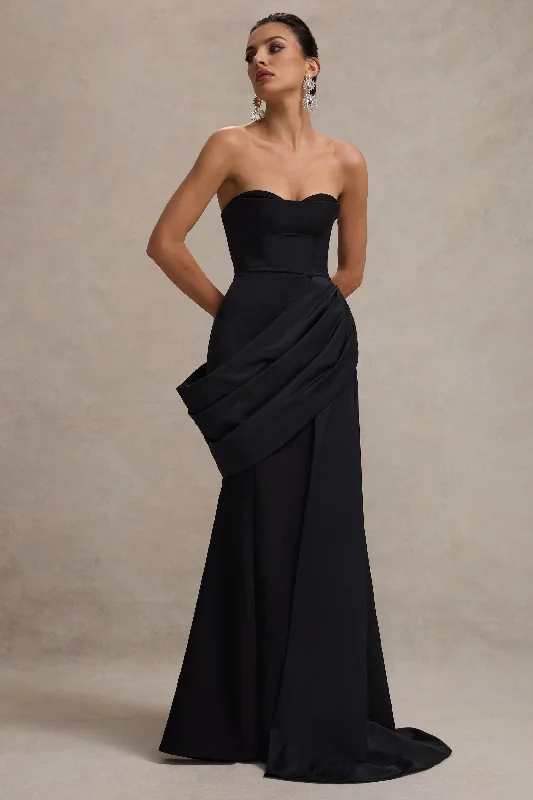 Fallen | Black Strapless Corset Maxi Dress With Drape Elegant Maxi Dress with Lace