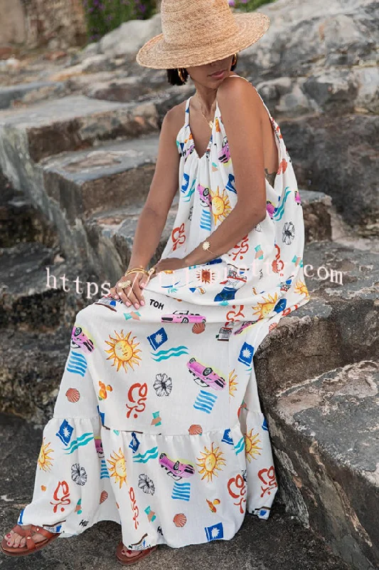 Marisol Linen Blend Unique Print A-line Slip Loose Maxi Dress Elegant Floral Maxi Dress