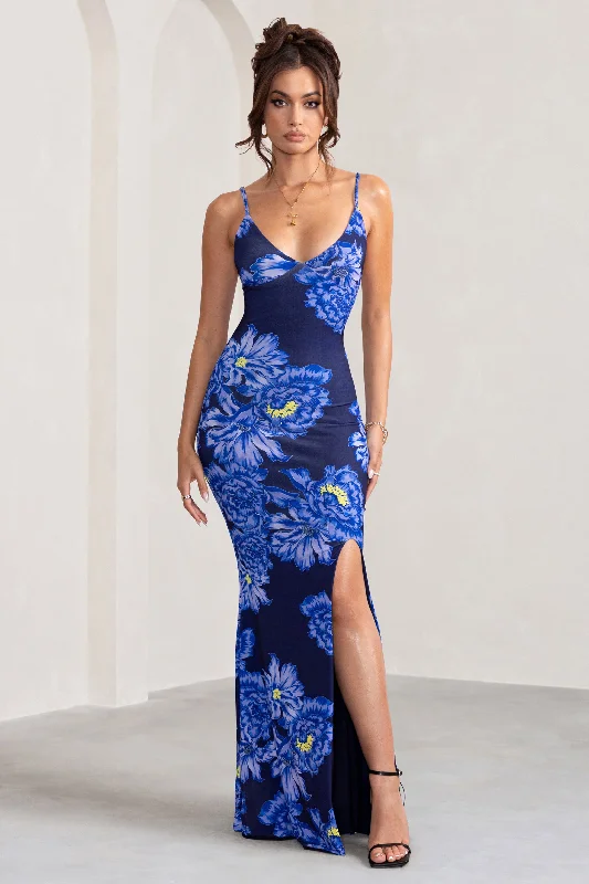 Farah | Blue Floral Print Plunge Neck Maxi Dress With Split Detail Stylish Longline Maxi Dress Farah | Blue Floral Print Plunge Neck Maxi Dress With Split Detail Stylish Longline Maxi Dress