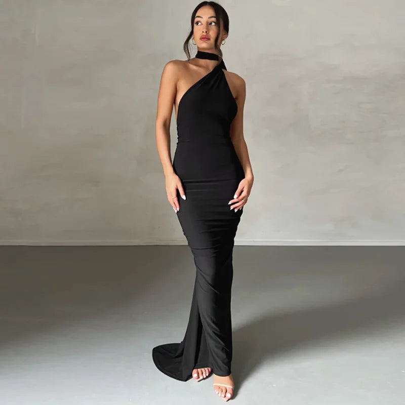 Fashion One Shoulder Elegant Long Sleeve Split Maxi Dress Stylish One-Shoulder Maxi Dress