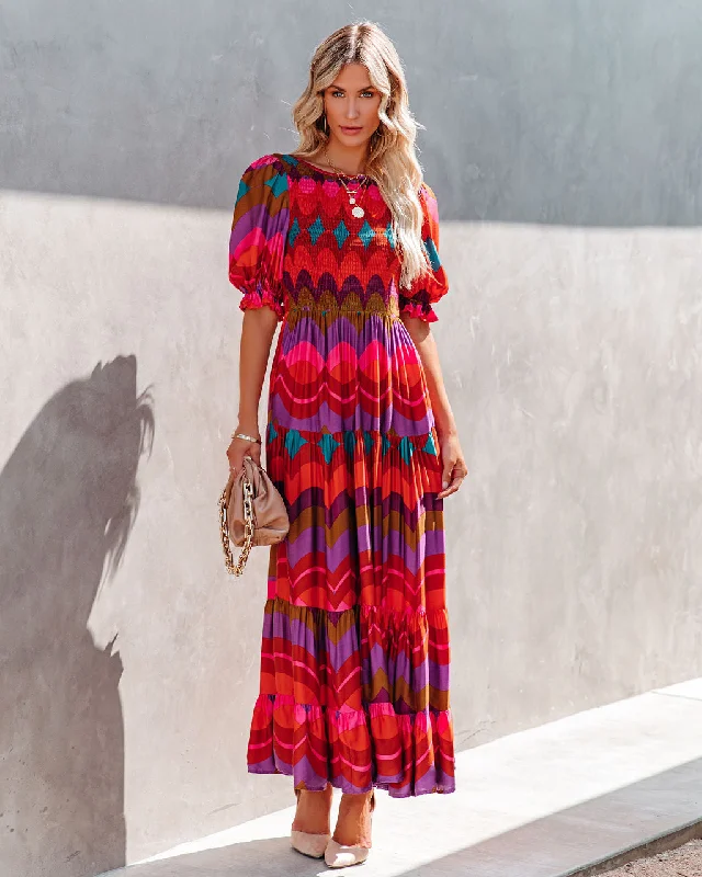 Fiesta Smocked Puff Sleeve Maxi Dress Elegant Maxi Dress with Belt