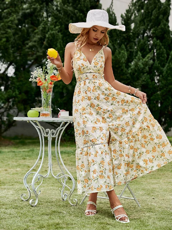 Floral Fake Pearl Button Slit Maxi Dress Chic Summer Floral Maxi Dress
