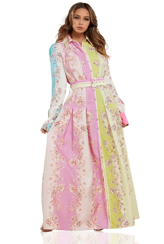 Floral print color block maxi dress. Stylish One-Shoulder Maxi Dress