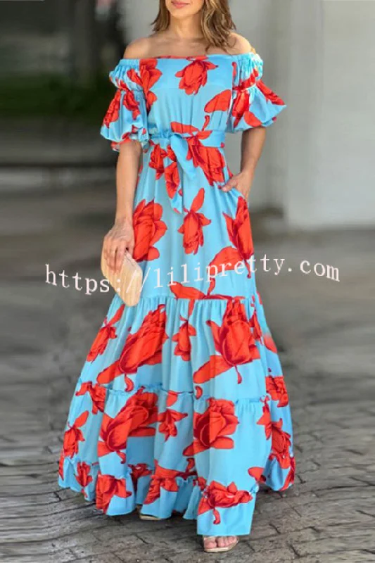 Floral Print Waist Belted Slim Fit Off The Shoulder Maxi Dress Comfortable Maxi Dress with Belt Floral Print Waist Belted Slim Fit Off The Shoulder Maxi Dress Comfortable Maxi Dress with Belt