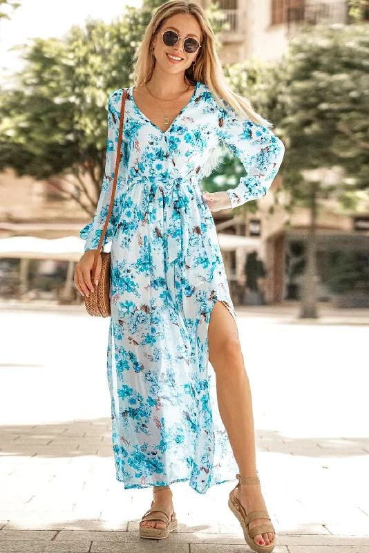 Floral Surplice Split Tie Waist Maxi Dress Elegant Maxi Dress with Ruffles