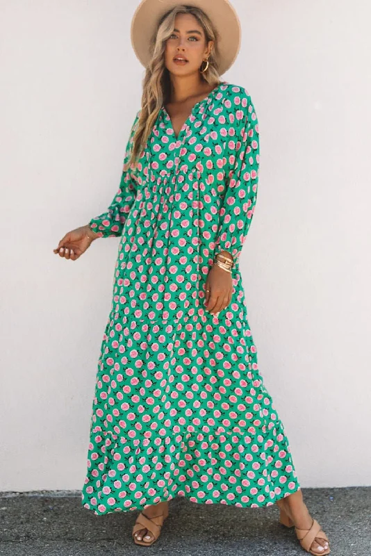 Floral Tie Neck Tiered Long Sleeve Maxi Dress Elegant Maxi Dress with Lace