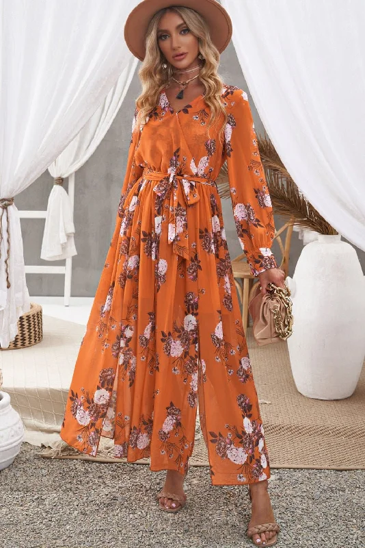 Floral Tie Waist Slit Maxi Dress Elegant Maxi Dress with Belt