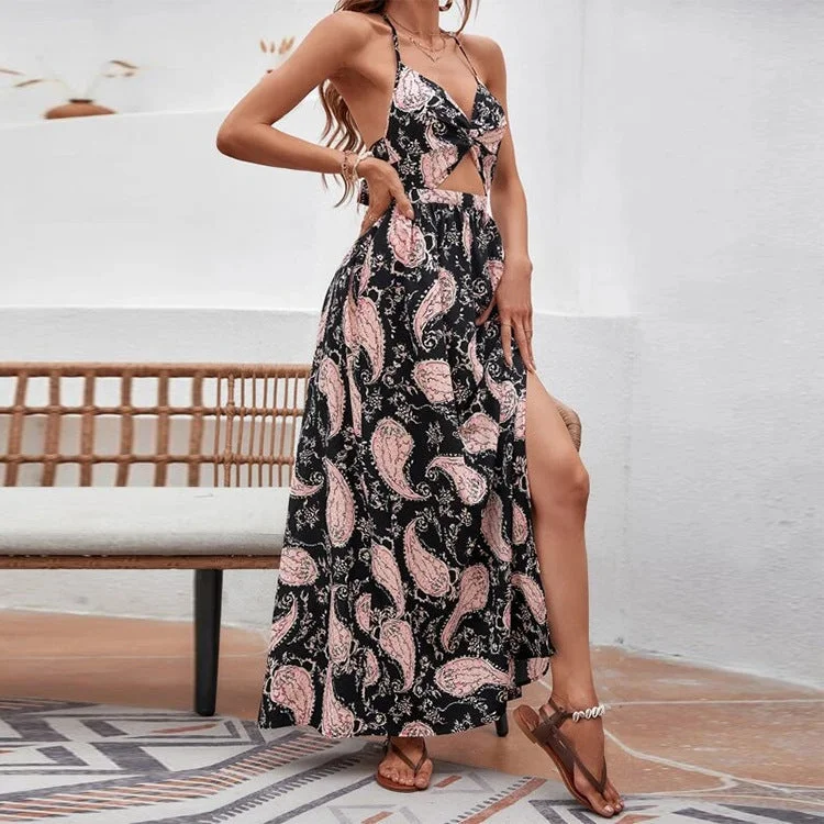 Flume Palm Print Cutout Slit Maxi Dress Fashionable Halter Neck Maxi Dress