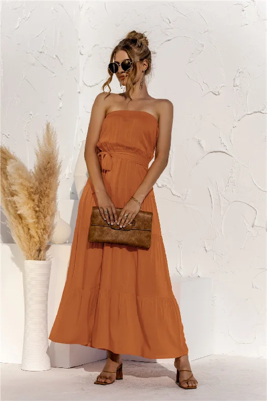 Free Falling Strapless Tiered Maxi Dress - Golden Yellow Elegant Lace-Up Maxi Dress