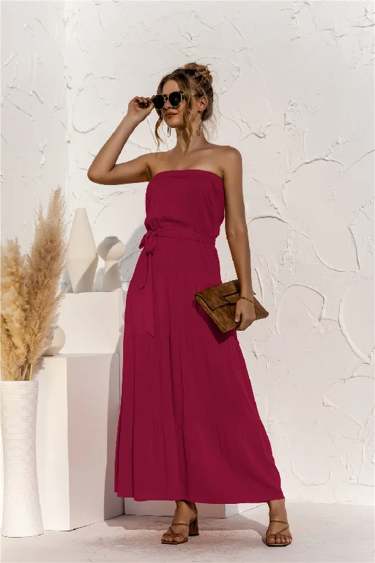 Free Falling Strapless Tiered Maxi Dress - Merlot Elegant Maxi Dress with Belt