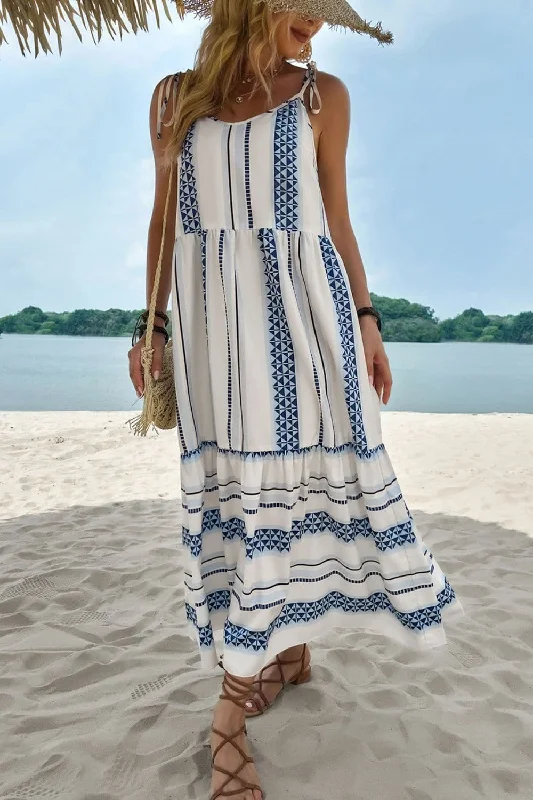 Geometric Print Tie-Shoulder Tiered Maxi Dress Comfortable Fit-and-Flare Maxi Dress