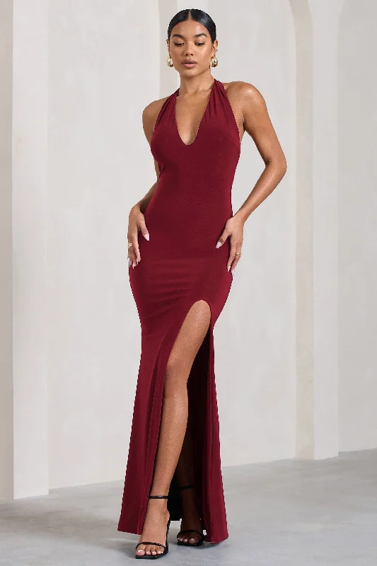 Glamour | Berry Backless V Plunge Halter Neck Maxi Dress With Side Split Stylish Maxi Dress with Frills
