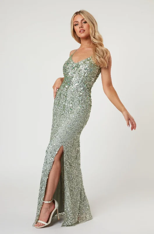 Gloria Sage Green Beaded Maxi Dress Fashionable Sheer Maxi Dress