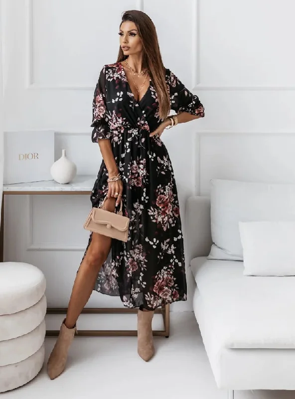 Golden Leaves Floral Slit Maxi Dress Classic Black Maxi Dress