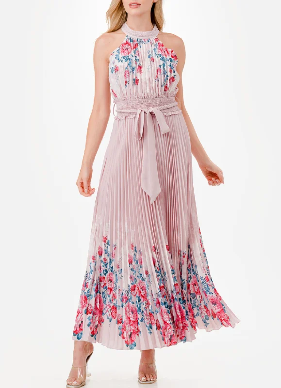 Halter Floral Print Trim Detail Pleated Maxi Dress Casual Maxi Dress with Pockets