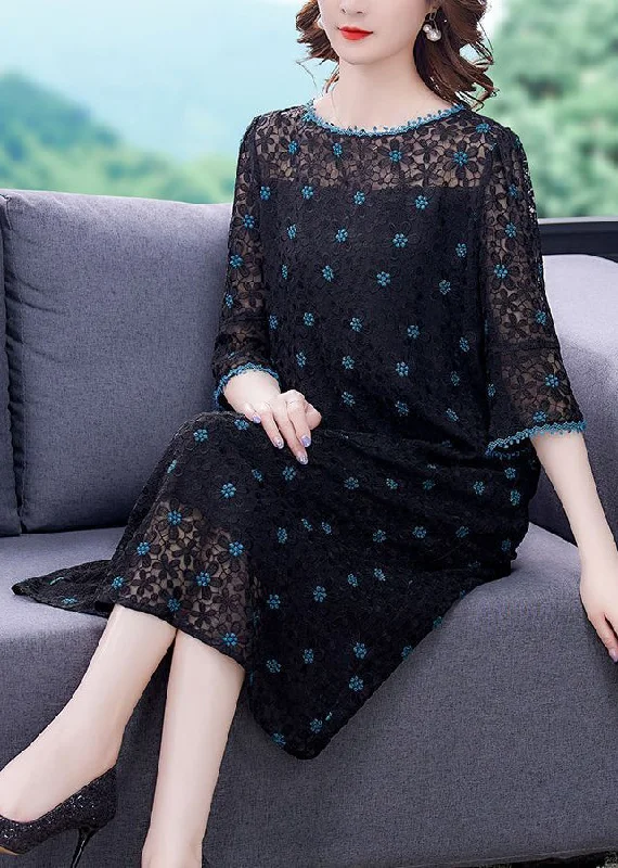 Handmade Black Embroideried Hollow Out Silk Maxi Dresses Flare Sleeve Trendy A-Line Maxi Dress Handmade Black Embroideried Hollow Out Silk Maxi Dresses Flare Sleeve Trendy A-Line Maxi Dress