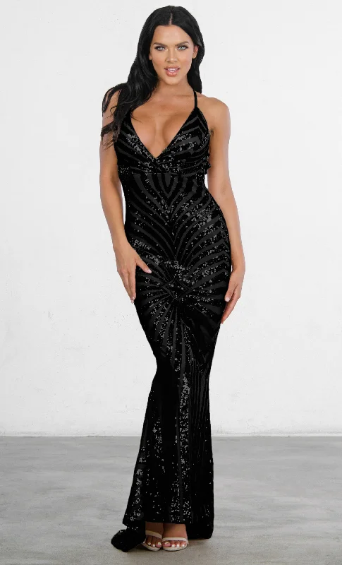 Indie XO Champagne Dreams Black Sequin Geometric Pattern Sleeveless Spaghetti Strap V Neck Mermaid Maxi Dress Cozy Longline Maxi Dress