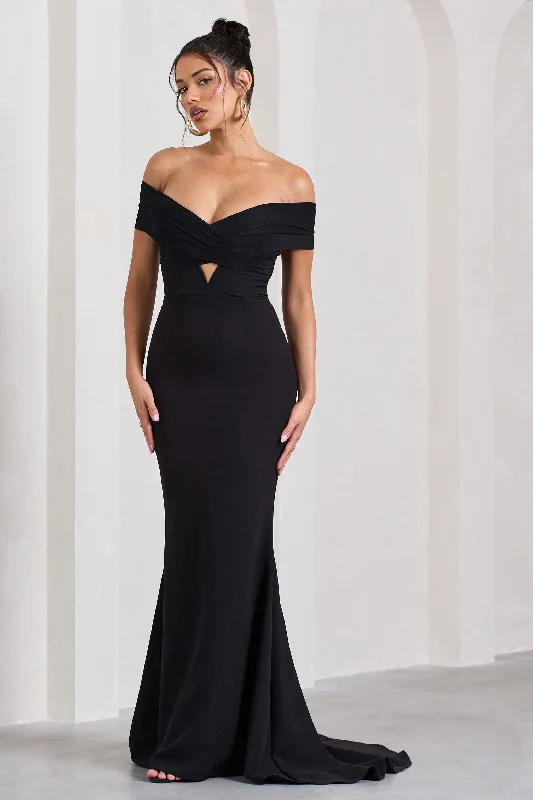 Inspiration | Black Sheer Bardot Fishtail Maxi Dress Fashionable Off-Shoulder Maxi Dress